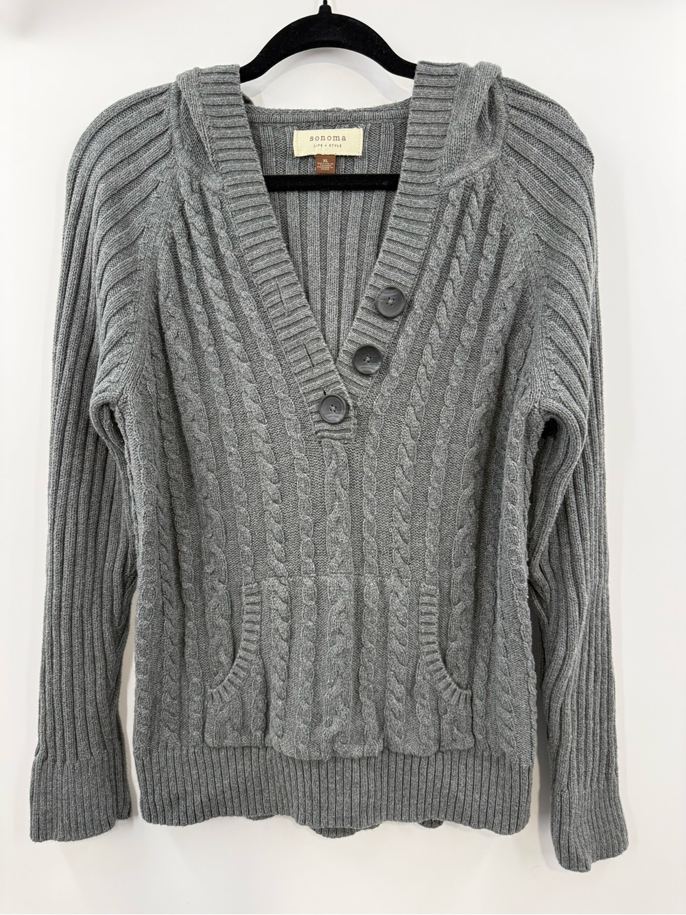 Sonoma Cable Knit Hooded Sweater Gray Chunky 3 Button V Neck Womens Size XL